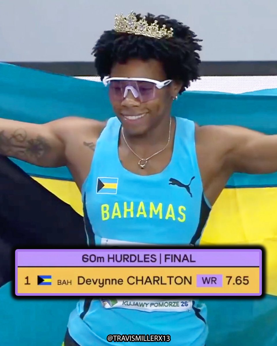 travismillerx13's tweet photo. 🇧🇸Devynne Charlton ties her own WORLD RECORD 7.65 to win the 60mH world title! 👑 #WorldIndoorChamps https://t.co/lRUw7vsNWU