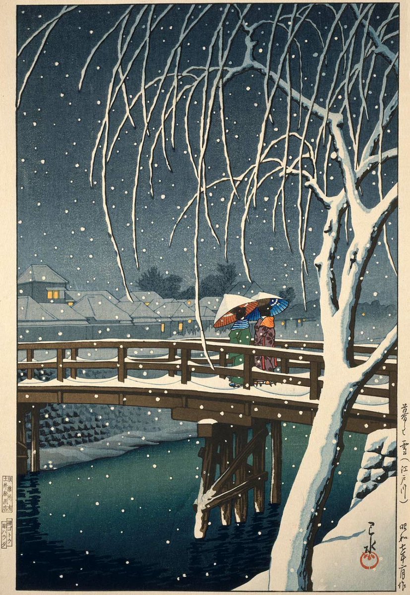 JapanTraCul's tweet photo. Evening Snow at Edogawa, by Kawase Hasui, 1932 https://t.co/8XOXKIv4Nv