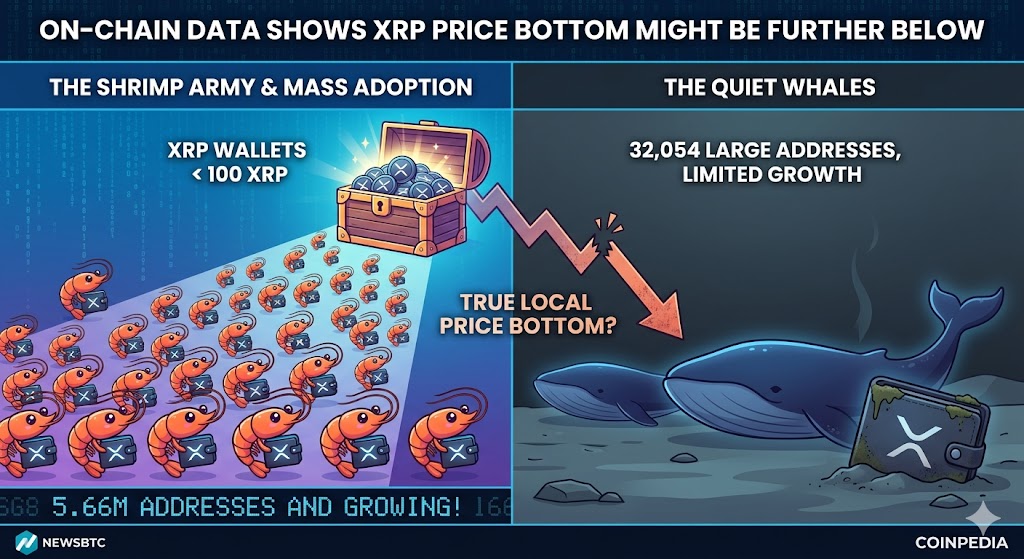 Analysis from "Santiment" shows that while the number of smaller, "retail-level" wallets (including "shrimps" with under 100 XRP) is expanding significantly, the growth in "whales" is very low. A sustained price bottom often requires accumulation by larger holders. #XRP