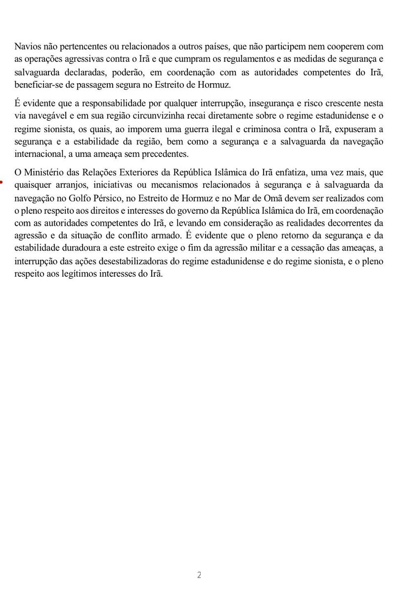 Declaração do Ministério das Relações Exteriores sobre as Posições Principais da República Islâmica do Irã, no que se refere à Segurança e Salvaguarda da Navegação no Estreito de Hormuz