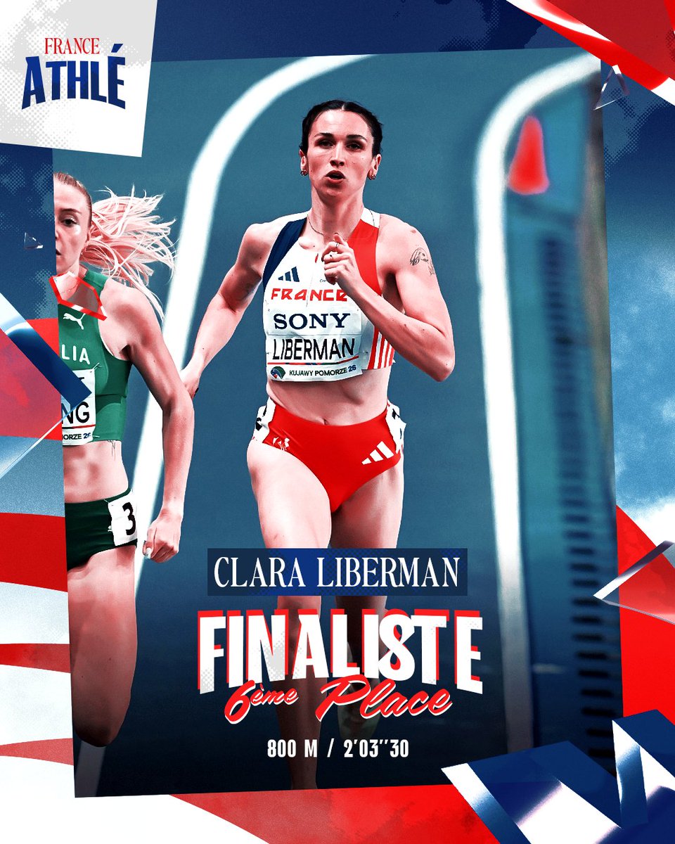 FFAthletisme's tweet photo. 😁 Une place de finaliste mondiale qui fait plaisir !

🇫🇷 Clara Liberman a terminé 6e de la finale du 800 m en 2’03’’30 et s’est offert une magnifique place de finaliste.

💻 La compétition est à suivre en DIRECT sur la plateforme @francetvsport

#WorldIndoorChamps https://t.co/SBuk5473Fv