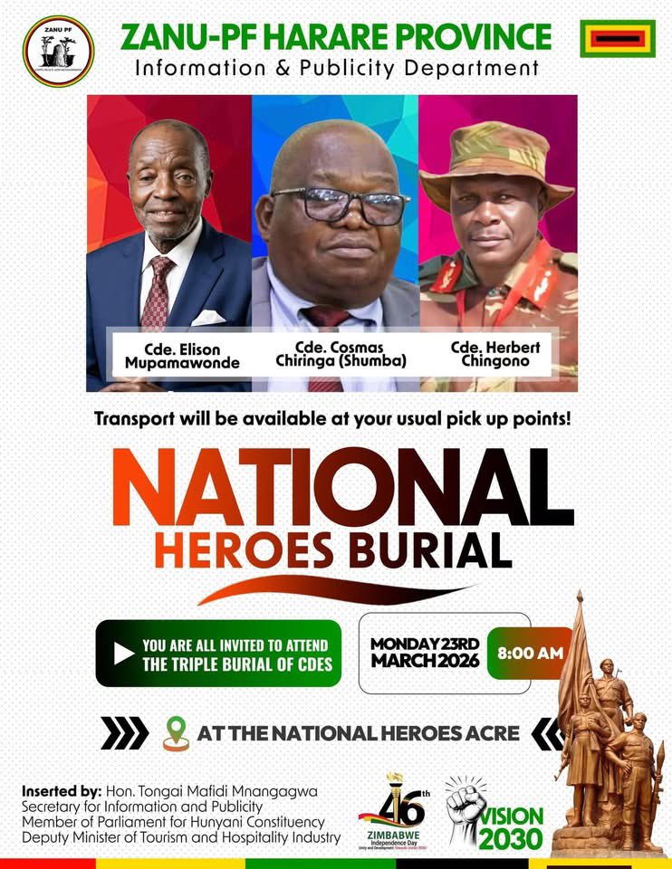 The triple burial of three gallant sons of the soil ,Cde Cosmas Chiringa, Major General (Rtd) Herbert Chingono and Cde Elison Mupamawonde , will be presided over by His Excellency President <a href="/edmnangagwa/">President of Zimbabwe</a> tomorrow at the National Shrine. Be there .