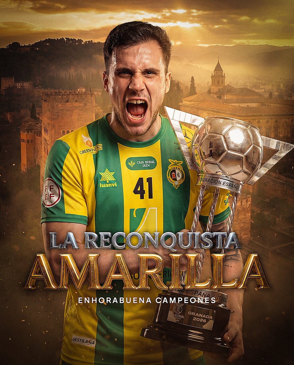 Luanvi's tweet photo. 💛🏆 ¡Enhorabuena, Jaén!

El @JaenFS conquista su 4ª Copa de España y vuelve a hacer historia.

Granada 2026 se suma a Granada 2023, Madrid 2018 y Ciudad Real 2015 en un palmarés espectacular.

Orgullo de la Marea Amarilla y orgullo de seguir caminando juntos como equipo Luanvi https://t.co/7zcu5BpvXv