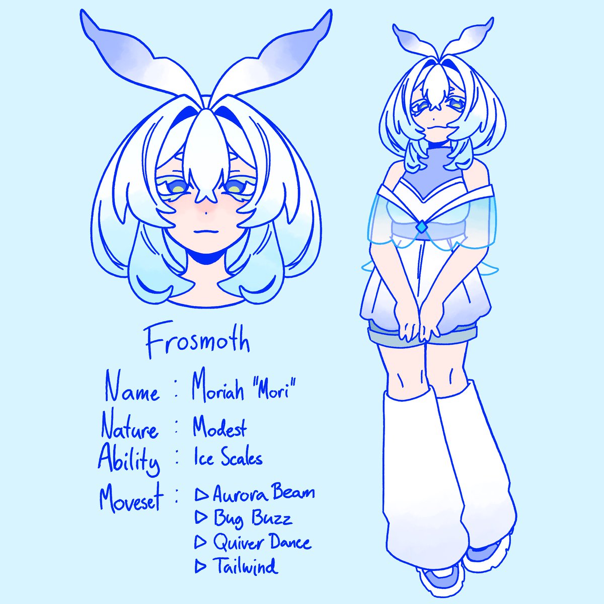 been so inspired by all the pokehumans (especially <a href="/Primal_Lazuli/">🪼✨Jellazuli Donut✨🪼 (Taunie's Beloved ❤️)</a> ‘s omg) so I made one too!!

meet Mori the Frosmoth girl !