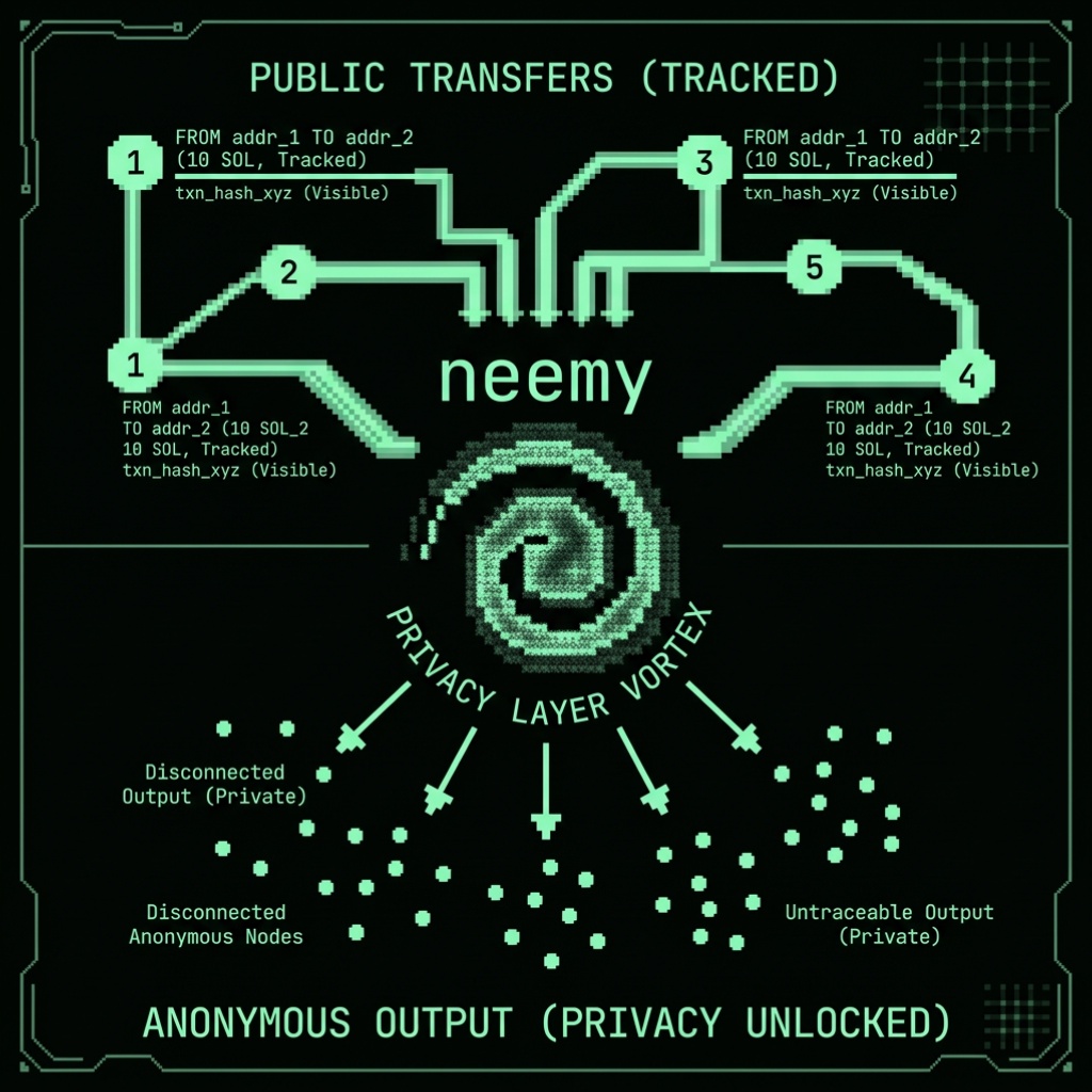 neemy's tweet photo. on-chain surveillance meets its match. 

neemy is the autonomous agent that makes your sol
untraceable.

powered by @pumpfun https://t.co/uMPsGjb9Hn