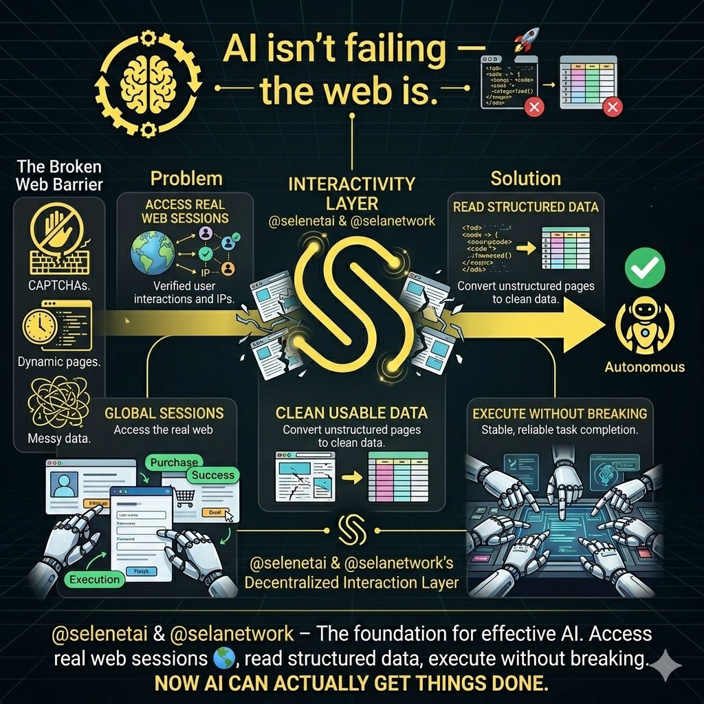 AI isn’t failing — the web is.

CAPTCHAs.
Dynamic pages.
Messy data.

<a href="/selenetai/">SELENE TAI</a> <a href="/selanetwork/">Jet2Moon</a> fix this with a decentralized interaction layer that lets AI:
• Access real web sessions 🌍
• Read structured data
• Execute without breaking

Now AI can actually get things done.