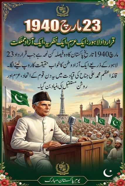 Aqib31166812315's tweet photo. 23 مارچ 1940 وہ تاریخی دن ہے جب قرارداد لاہور نے برصغیر کے مسلمانوں کے لیے آزادی اور ایک خودمختار مملکت کی بنیاد رکھی۔ قائداعظم کی قیادت میں یہ دن ہمیں اتحاد، قربانی اور مضبوط نظریے کی اہمیت یاد دلاتا ہے۔
#23March
#PakistanResolution
#QuaidAzam
#UnityFaithDiscipline https://t.co/wXz2ofSF6u