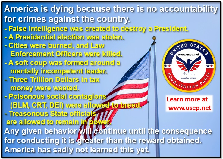The U.S. Equalitarian Party invites you to join us in protecting our Constitution and restoring faith in our government. 

The party seeks the return of service before self-interest, personal and professional integrity, and recognition that citizens control the government – not
