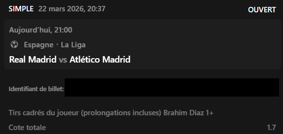 PALIER 1 ⤵️

🇪🇸 Real Madrid vs Atlético Madrid

Brahim Diaz — 1+ tirs cadrés
<a href="/1/">1</a>.70

🟢 Match dispo' :
👉 is.gd/EjUeJQ 👈

❤️ Like si tu suis le bet

#TeamParieur #Pronos #Laliga