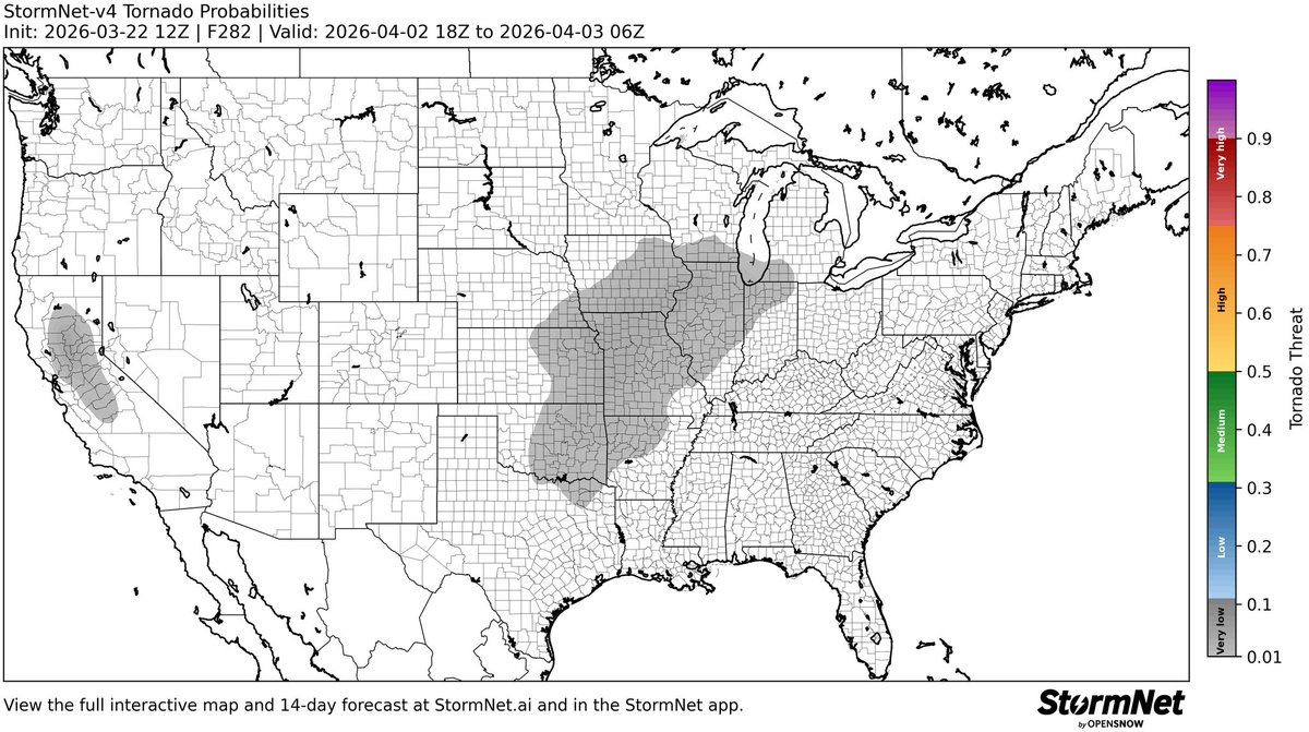 StormNetWx's tweet photo. A long-range multi-day threat of tornadoes and severe storms has been detected for April 1st through April 5th, 2026.

This forecast initialized on Sunday morning (3/22). Follow this page and see the app for future forecast updates. https://t.co/0ywppooKJB