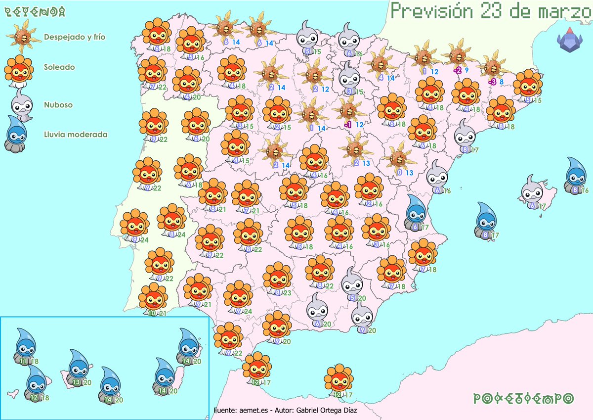 🌤️Vamos a empezar la semana con tiempo tranquilo en la Península.
🌦️Es cierto que en el este bajan un poco las temperaturas, y que puede llover algo en Baleares, C. Valenciana y entorno bético. Me refiero a las montañas, no al barrio del Betis.
☔️El aire frío sigue en Canarias y,
