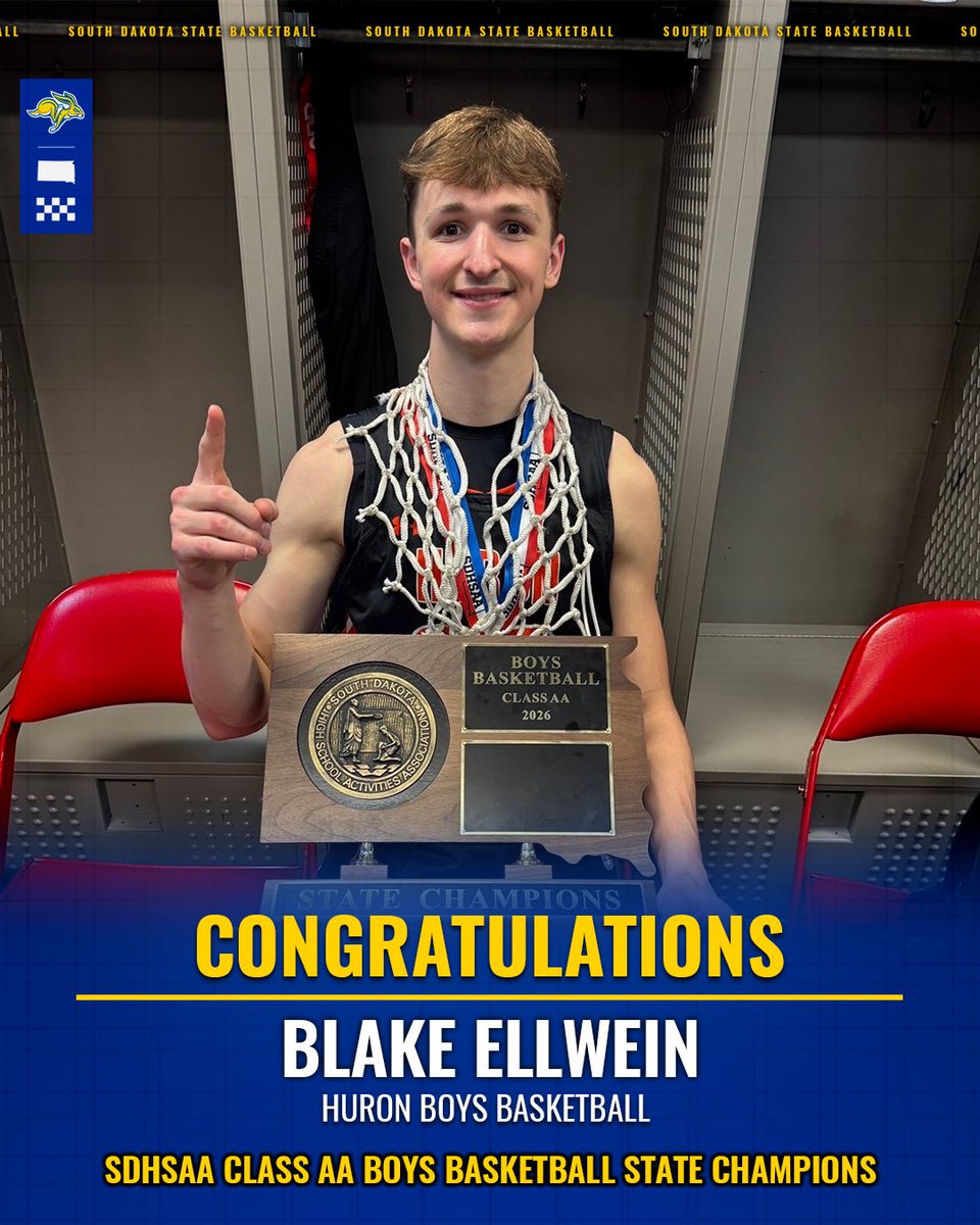 GoJacksMBB's tweet photo. Congrats to incoming Jackrabbit @Ellwein_blake on helping lead Huron to the Class AA South Dakota state title👏

He and the Tigers earned the school's first state championship since 2004! 

#GoJacks 🐰 https://t.co/srrenHhYLX