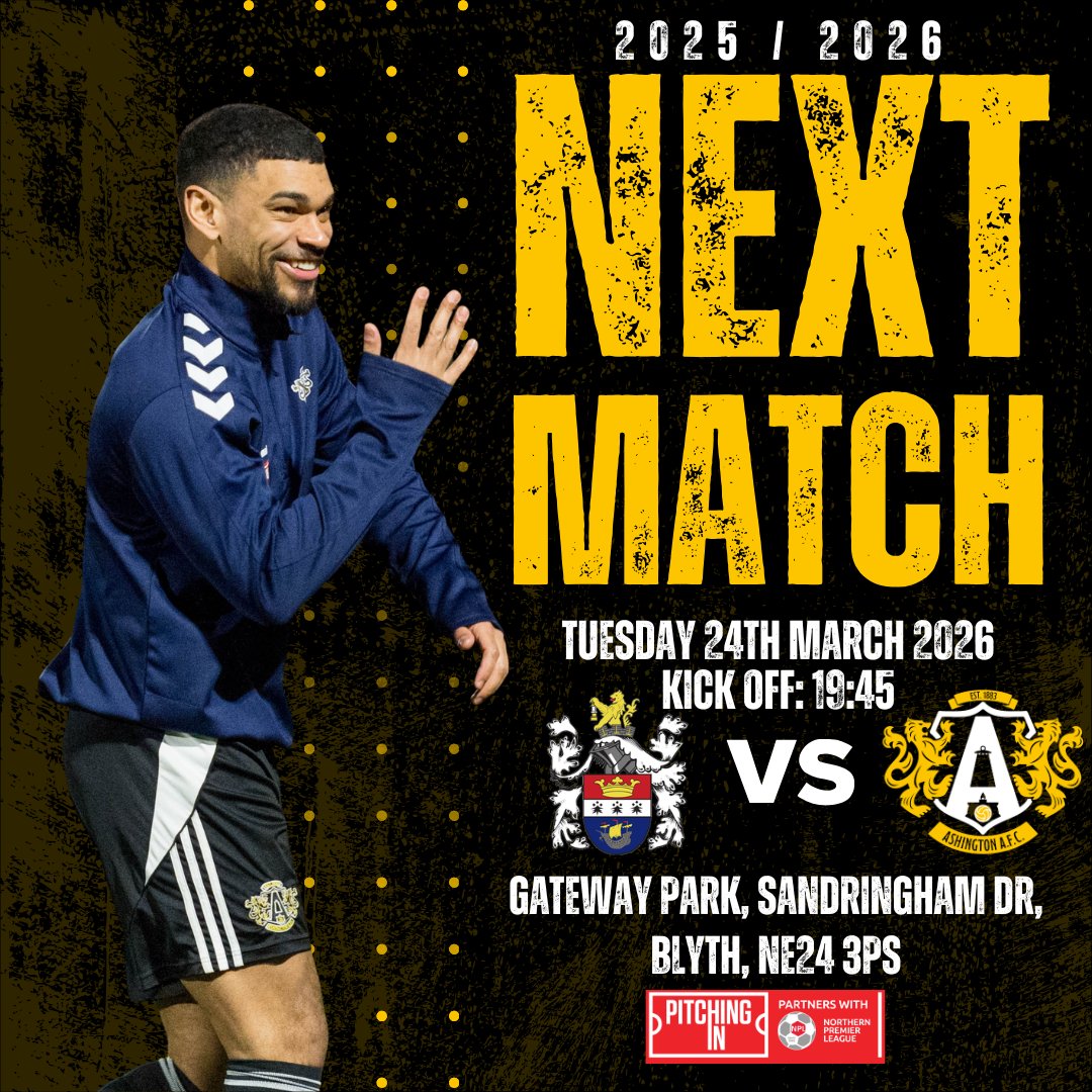 Ashington_FC's tweet photo. 🗓️🗓️ NEXT MATCH 🗓️🗓️

We (hopefully) make the short trip down the A189 to take on Blyth Town on Tuesday evening.

Kick off is at 7:45 at Gateway Park and it would be great to see a healthy away following there to back the lads! https://t.co/D18QiXXZW7