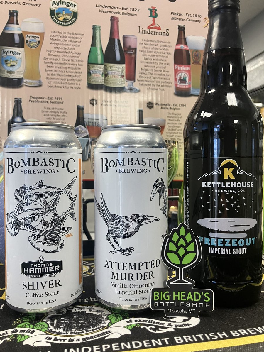 Keep that weekend rolling w/ some #darkness that has been making its way back to the shop from @bombasticbrewing Shiver ☕️ Stout, Attempted Murder Vanilla Cinnamon Imperial Stout, and <a href="/kettlehouse/">Kettle House</a> Freezeout BA Imperial Stout in bottles 🍻 #missoula #beerstore #bottleshop