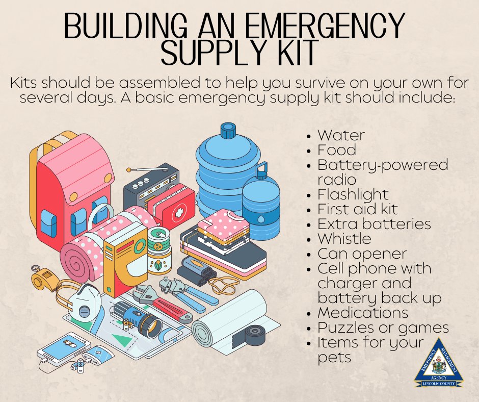 Do you have an emergency supply kit? It doesn't have to be done all at once or super fancy. To learn more about building a kit and what to include: ready.gov/kit

#LNEMA #BePrepared #EmergencySupplyKit