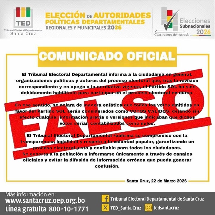 𝐀𝐂𝐋𝐀𝐑𝐀𝐂𝐈𝐎́𝐍 𝐓𝐄𝐃 𝐒𝐂.
Ante la circulación de un supuesto comunicado que señala la cancelación de personerías jurídicas y la anulación de candidaturas para las Elecciones Subnacionales 2026: 𝐄𝐬𝐭𝐚 𝐢𝐧𝐟𝐨𝐫𝐦𝐚𝐜𝐢𝐨́𝐧 𝐞𝐬 𝐜𝐨𝐦𝐩𝐥𝐞𝐭𝐚𝐦𝐞𝐧𝐭𝐞 𝐅𝐀𝐋𝐒𝐀.