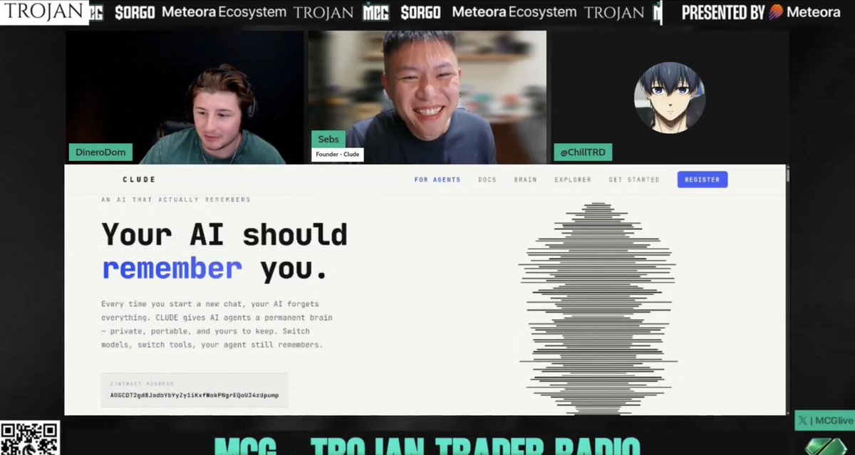 nilsumthing's tweet photo. FUTURE FACING CLUDE CONCEPTS
Earlier this week @sebbsssss, the founder of @cludeproject & @cludebot, was featured in an interview with @MCGlive featuring @DineroDom0 & @ChillTRD.

While a lot of topics like industry wide hallucination rates, big lab memory incentives and token cost reduction were covered, I wanted to highlight 8 key upcoming concepts and implementations that are currently under development for Clude. Stick with me as this is going to be huge for the industry.

1. Clude Chat: Chat interface with persistent, user-owned memory and privacy-backed inference. Memory is externalized, inspectable, and not tied to any single model.
- @ChatGPTapp-style interface
- Persistent memory (non-summarized)
- User-owned memory (not platform-owned)
- @AskVenice-backed inference (privacy layer)
- Integrated memory dashboard

2. Prediction Bots: Stateful agents using stored historical patterns to refine decisions over time. Replaces static logic with memory-driven adaptation.
- Domain: trading (primary early usage)
- Inputs: historical events, signals, outcomes
- Mechanism: memory retrieval + pattern reuse
- Behavior: adaptive (non-static)
- Function: reinforce or adjust strategies based on stored outcomes

3. Memory Marketplace: System for packaging and exchanging “memory packs” as transferable experience units. Treats learned behavior as a modular, tradable asset.
- Unit: “memory pack” (experience bundle)
- Contents: decisions, mistakes, refinements, patterns
- Actions: export / import / sell / share
- Format: modular, domain-specific memory subsets
- Token: $CLUDE as exchange layer

4. ZHC (Zero Hallucination Concept): Optimization target shifts from answer rate to correctness. Lower hallucination achieved by increasing omission when confidence is low.
- Hallucination rate: ~2%
- Benchmark comparison: ~15% next best
- Omission rate: ~30% (vs ~26–27% avg)
- Policy: no confident retrieval → no output

5. Memory Portability: Cross-model memory transfer with full context fidelity, not preference summaries. Enables selective extraction and reuse of domain-specific knowledge.
- Export targets: Claude, ChatGPT, Gemini
- Format: full memory graph (not preference bullets)
- Feature: selective retrieval (subset extraction)
- Use case: domain transfer without retraining

6. Memory Dashboard: Observability layer exposing memory formation, weighting, decay and lineage. Functions as a debugging and trace system for agent behavior.
Components:
- Live memory feed
- Categorization (episodic, semantic, procedural, self-model)
- Ancestry tracing (decision lineage)
- Decay tracking
- Timeline logging
Function: observability + debugging layer

7. On-chain Verification: Hash-based integrity system anchoring memory existence on Solana. Provides timestamped proof, with future direction toward auditability and traceability.
Method: SHA-256 hash → @solana memo
Storage: off-chain memory, on-chain hash only
Current capability:
- Timestamp proof
- Tamper detection
Proposed extension:
- Decision traceability
- Audit trails
- Cross-agent verification

8. Token $CLUDE: Utility token intended to price memory storage, retrieval and exchange. Currently a conceptual economic model
- Retrieval accuracy: 88%
- Top benchmark: 96%
- Cost: ~1/10 alternatives (via pre-filtering)
Example:
- 200k tokens → filtered to ~2k tokens
- ~$6–12 → ~$0.01 per query

CLUDE current adoption thus far:
- ~5,000 downloads
- ~560 active users
- Primary use case: trading agents

Full Stack Summary
Layer 1: memory engine (storage, scoring, decay, linkage)
Layer 2: middleware (between agent and LLM)
Layer 3: apps (chat, agents)
Layer 4: network (marketplace)
Layer 5: verification (on-chain hash layer)

Full interview: https://t.co/euWmPcd7zl
Clude Site: https://t.co/p7znaWnWRK