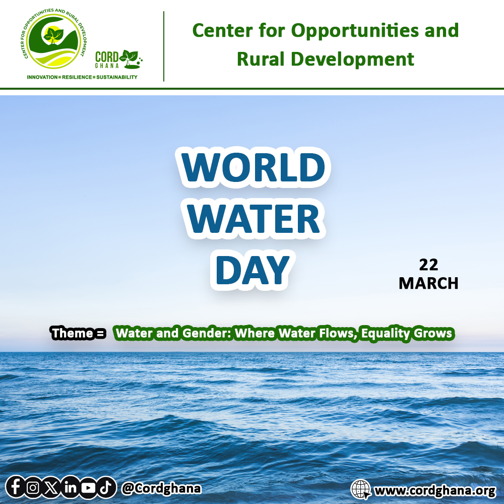 cordghana's tweet photo. Water is life and when access to it is equitable, communities thrive. This year’s theme, “Water and Gender: Where Water Flows, Equality Grows,” reminds us that sustainable water management is deeply connected to gender inclusion and empowerment.

At Center for Opportunities and Rural Development, we are proud to champion this global movement by:

✅ Promoting WASH initiatives that ensure safe and sustainable water access in rural communities
✅ Empowering women and girls by reducing the burden of water collection and supporting their participation in decision-making
✅ Driving community education on water conservation, hygiene, and climate resilience
✅ Supporting green innovations that protect water resources and strengthen livelihoods

We believe that when water flows freely and fairly, opportunities expand, health improves, and equality becomes a reality.

🌱💦 Together, let’s protect our water resources and build a future where no one is left behind.

#WorldWaterDay #WaterAndGender #CORDGhana #WASH #Sustainability #GenderEquality
