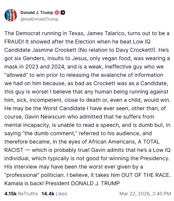 TRUMP is so afraid of the youth that he's going after a person of a higher IQ and more of a christian than Trump could ever be, <a href="/jamestalarico/">James Talarico</a> 

James Talarico! You're doing great in educating the youth and people who feel like they don't have a voice! Trumps tantrum just shows