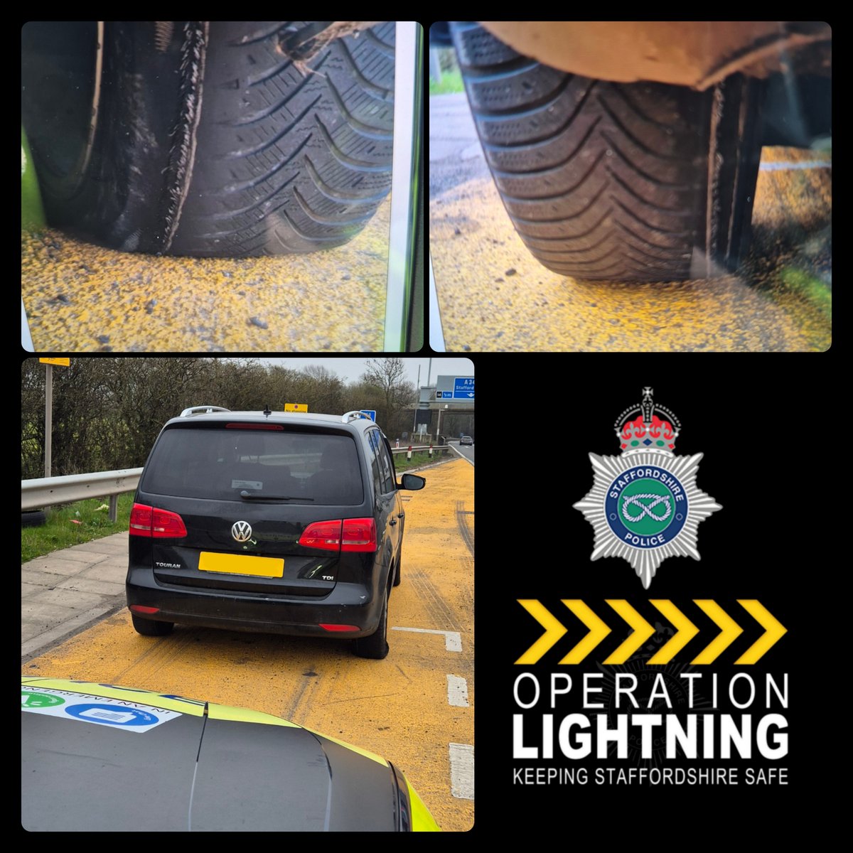 StaffsRCT's tweet image. Motorway mystery solved 🤔🚔

Vehicle stopped in live lane M6 J14, driver unsure why tyre kept going down… both rears had ply cord showing 🔎🛞

To top it off — no insurance.

Vehicle #seized &amp;amp; #prohibited #PG9
#OpLightning #Team4RCT