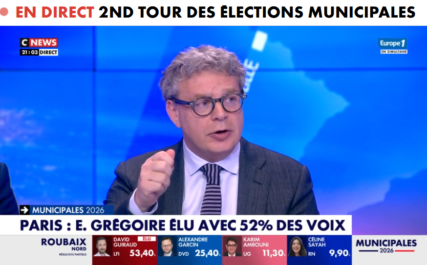 opinionway's tweet photo. [MUNICIPALES 2026] @bjeanbart : « A Paris, la première tendance indique qu’il s’agirait moins du vote utile des électeurs de S. Chikirou pour E. Grégoire, que du non-report de voix d'une partie des électeurs de la liste de P.-Y. Bournazel vers R. Dati. » https://t.co/dWsDcAcvmL
