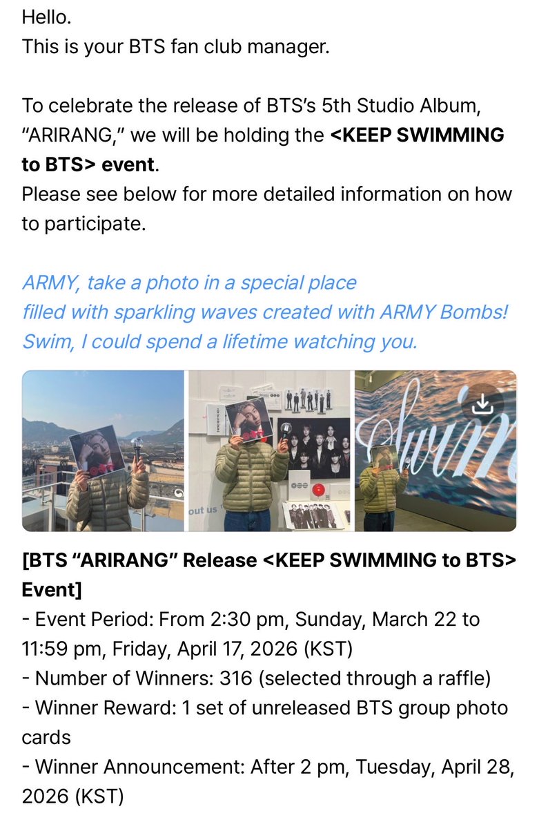 USBTSARMY's tweet photo. [Weverse | NOTICE] BTS <KEEP SWIMMING to BTS> Event
- Event Period: From 2:30 pm, Sunday, March 22 to 11:59 pm, Friday, April 17, 2026 (KST)
- Number of Winners: 316 (selected through a raffle)
- Winner Reward: 1 set of unreleased BTS group photo cards
- Winner Announcement: After 2 pm, Tuesday, April 28, 2026 (KST)
Read all the details and learn how  to enter here👇
https://t.co/nhKLDwAsd3
