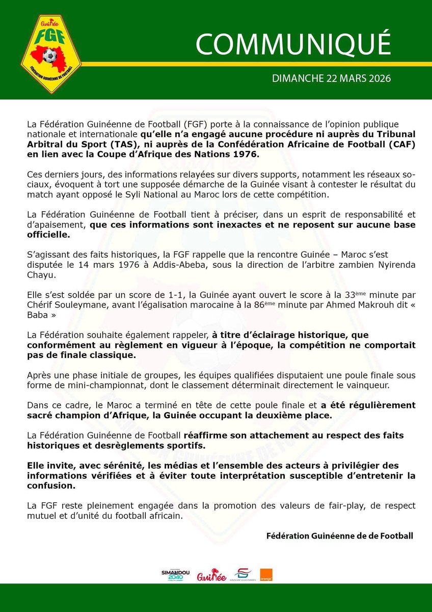 Aznzar79's tweet photo. 📌La Guinée n’a jamais saisi le TAS ni la CAF sur la CAN 1976
communiqué de la Fédération Guinéenne de Football dément formellement les rumeurs des sénégalais et algériens concernant la finale de la CAN de 1976 https://t.co/Z14uTkKfId