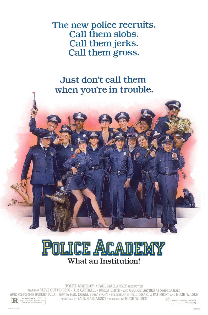 “Police Academy” debuted in theatres today back in 1984. The film starring Steve Guttenberg, Kim Cattrall, and G.W. Bailey spawned six additional films in the series. #80s