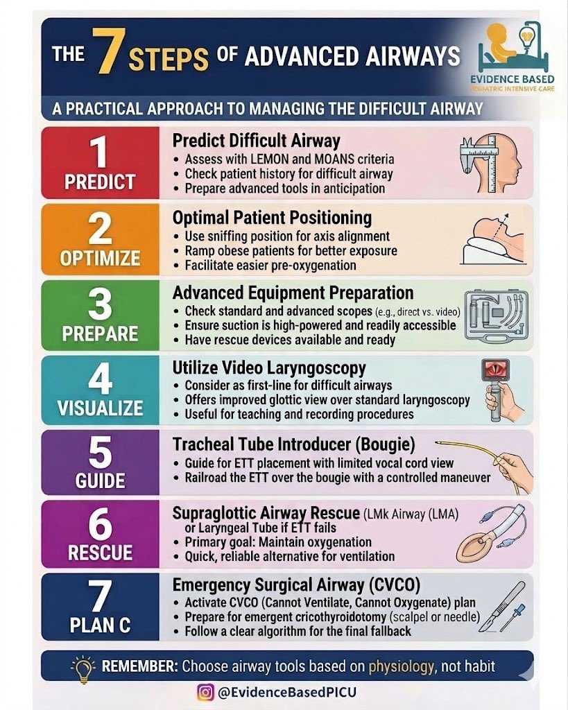 VSLanziotti's tweet image. ❗️A practical approach to manage difficult airways.
🎯Choose airways tools based on anatomy and physiology! 
✅Follow me at Instagram too- @ EvidenceBasedPICU

#PedsICU #ICU #MedEd #Airway