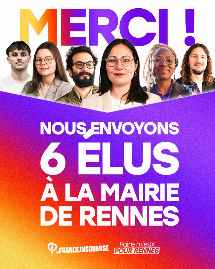 Ilangabet's tweet photo. Rennes, l’excellent score de la liste conduite par @MarieMesmeur offre à la France Insoumise six places au conseil municipal.

Partout en France, les https://t.co/5GhkfMYNLC s’installent dans les conseils municipaux.

FÉLICITATIONS https://t.co/uvy4TTb4qm