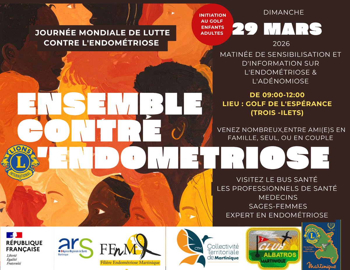 FEnM972's tweet photo. 🌼 ENSEMBLE CONTRE L’ENDOMÉTRIOSE
Journée mondiale de lutte contre l’endométriose, la #FEnM, partenaire de la #CTM vous donne rendez-vous :
📅 Dimanche 29 mars 2026
📍 Golf de l’Espérance Trois-Îlets
🕘 De 09h00 à 12h00
👉 Matinée de sensibilisation/d’information ouverte à tous https://t.co/nocIcaLpig