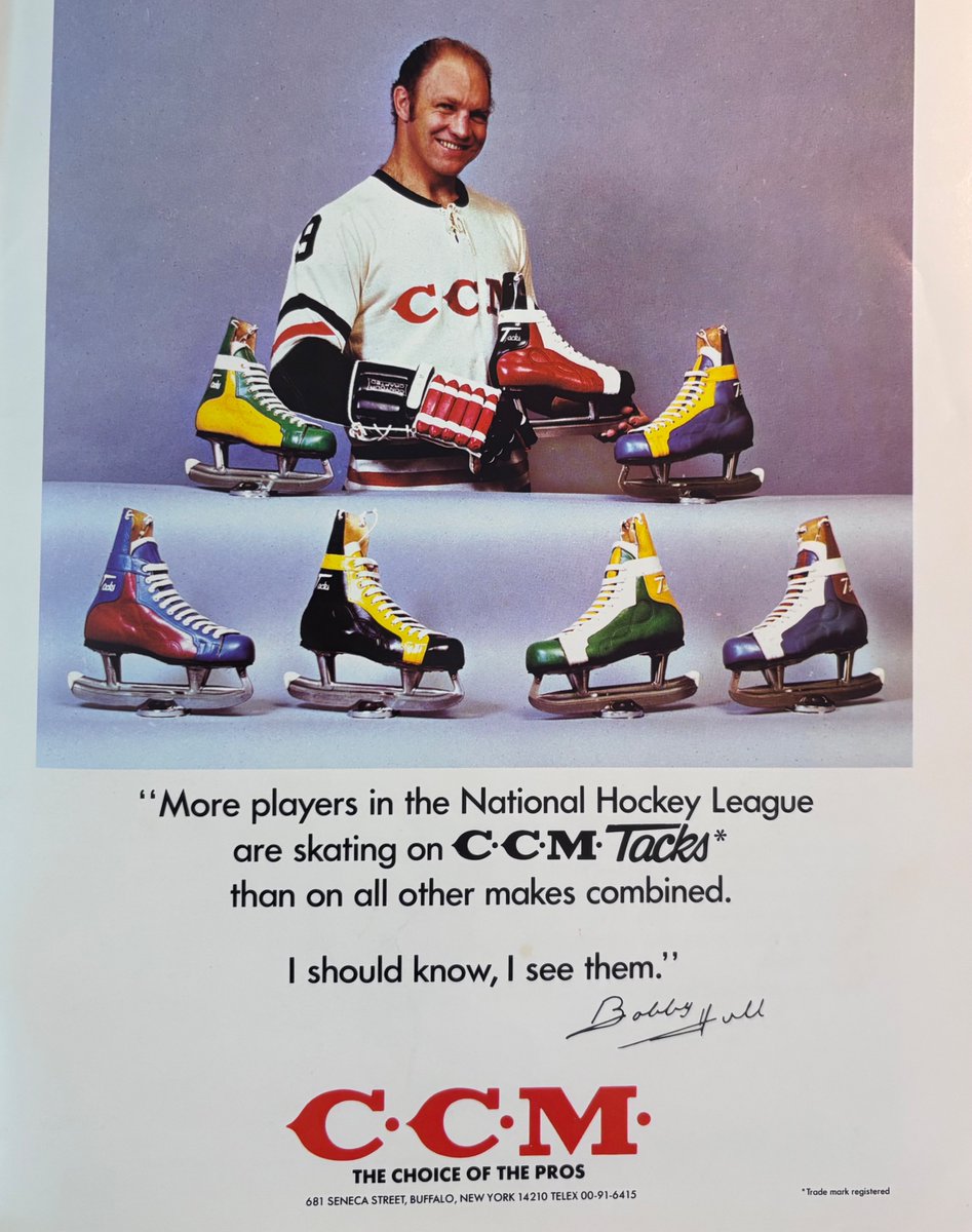 ACHockeyHistory's tweet photo. For those of you that have seen old footage of NHL games in the 70's, yes, some teams wore team coloured skates made by @CCMHockey and by @BauerHockey (my very first pair of skates were made by @BauerHockey in the green, white &amp; blue colours of the Canucks) https://t.co/B1UYduK69K