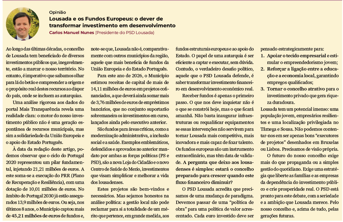 jc1963jos's tweet photo. «O futuro do nosso concelho exige mais do que propaganda ou a simples gestão do quotidiano. Exige uma estratégia que liberte as famílias e as empresas da dependência do investimento público e crie prosperidade real. O PSD está pronto para este debate...», In O Louzadense. https://t.co/WDwcDJiAUA