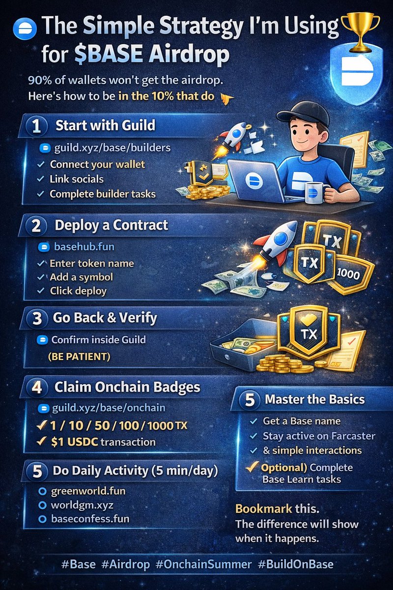 m3chas777's tweet photo. Most people farming $BASE are focused on one thing:

doing more transactions.

That’s not where the edge is.

The real difference comes from how your wallet looks onchain.

Here’s the approach I’ve been following lately 👇

First, I treat Guild like a profile layer, not just tasks.

👉 https://t.co/CeidnOIgcL

I connect everything, complete builder tasks, and make sure my account actually looks “real” — not just active.

Then I deploy.

Not for the sake of it, but to leave a footprint.

👉 https://t.co/C900yx7ljl

Doesn’t matter what you deploy.
What matters is: you’re not just a user anymore — you’re participating.

After that, I always go back and verify everything.

A lot of people skip this part and lose progress without realizing it.

The underrated part? Onchain badges.

👉 https://t.co/IRHojipPhi

I focus on:

• TX milestones (1 → 1000)
• Small value transfers (like $1 USDC)

These are simple, but they build consistency.

Daily activity is minimal.

I spend ~5 minutes rotating between simple apps like:

• https://t.co/K7lvcHUwju
• https://t.co/hKv2ZnImOD
• https://t.co/diTOUjg0Lp

Nothing fancy — just staying visible.

And one thing most people still ignore:

Identity layer.

• Base name
• Farcaster activity
• Basic interactions across the ecosystem

This is where wallets start to separate.

At this point I’m not trying to “farm harder”

I’m trying to look like a real, consistent user over time.

When $BASE finally drops,

I don’t think volume will matter most.

Behavior will.

Bookmark this — you’ll understand why later.

#Base #Airdrop #OnchainSummer #BuildOnBase @base #airdrop