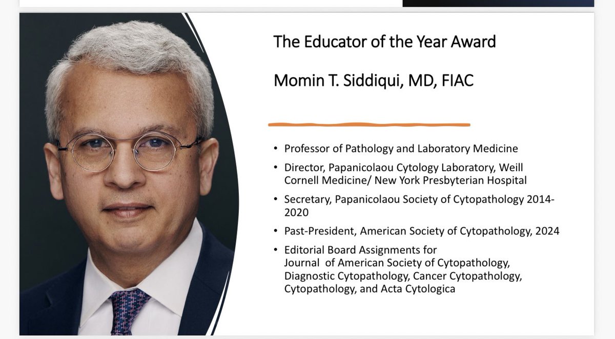PapSociety's tweet photo. Congratulations to Dr. Momin T. Siddiqui on the Educator of the Year Award by @PapSociety 
Truly well deserved. An inspiring educator and mentor to so many in our field. @mtsiddi @AzizaNassar2 @DianaEstherossi @PoonamVohra3 @sam_albadri @Baskotacytopath https://t.co/HLEpgvprQY