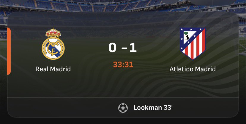 iamLatAnifowose's tweet photo. 🚨 Laliga Goal Rush 🚨 
Real Madrid 🆚 Atlético Madrid 
Derby needle at the Bernabeu as Atlético lead through Ademola Lookman in the 33’. ⚽️

MAD 0-1 ATM | #MADATM | #Laliga https://t.co/8lZQdEZ8uo