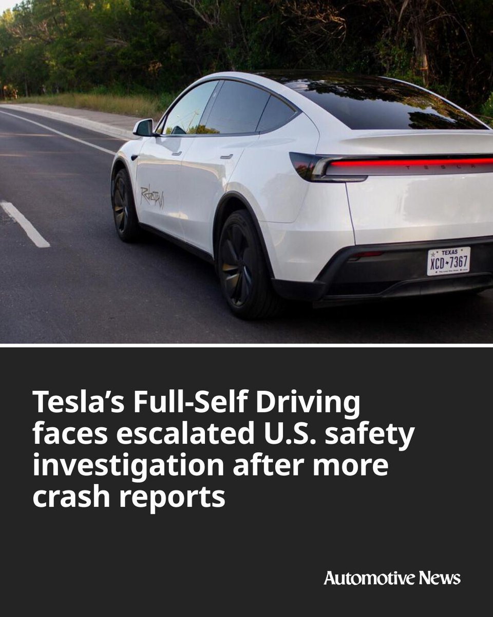 Automotive_News's tweet photo. U.S. auto safety regulators escalated an investigation of Tesla Inc.’s partially automated driving system marketed as Full-Self Driving, citing additional crashes pointing to potential flaws in the technology.
#Tesla #TeslaAutopilot #automotive #autoindustry #automateddriving https://t.co/giOZeL2nYn