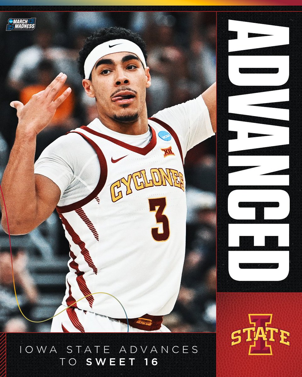 MarchMadnessMBB's tweet image. (2) IOWA STATE ROLLS ON 😮‍💨

The Cyclones take care of (7) Kentucky with an 82-63 win to move on to the Sweet 16 🌪️ #MarchMadness