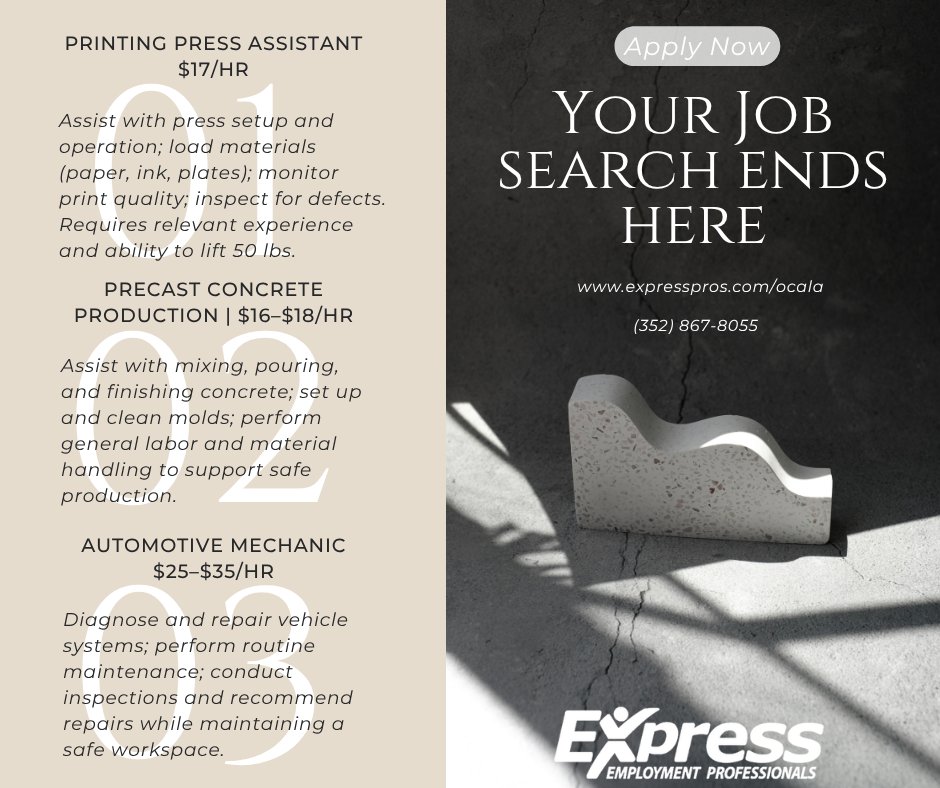Let Express streamline your job search! Explore work opportunites at expresspros.com/us-florida-oca… or call (352) 867-8055 to talk to a recruiter today! #OcalaJobs #WorkOcala