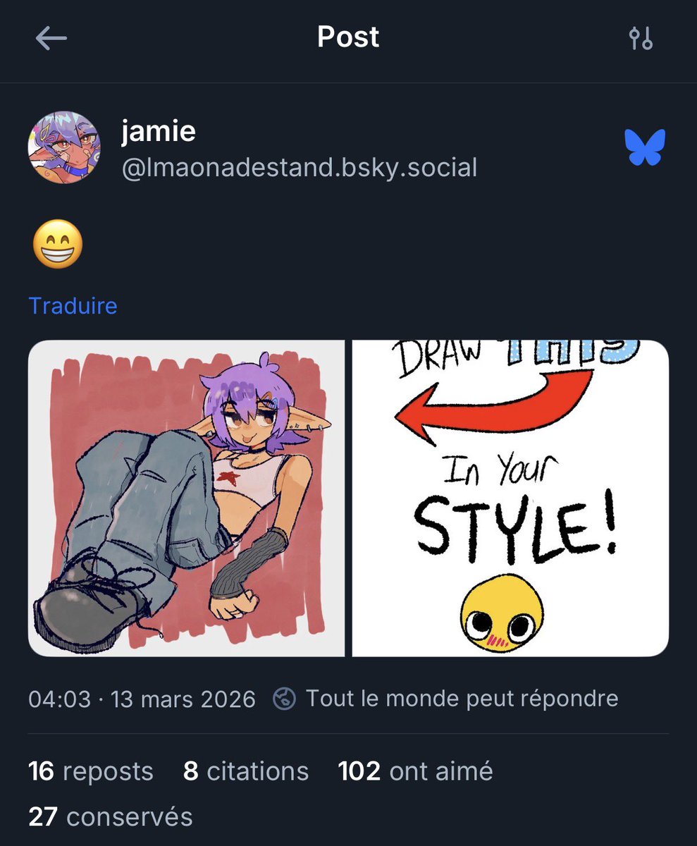 Oppayman08's tweet image. I participated a bit late in a DTIYS on BlueSky, here is my version ✨ 

#dtiys #oc #drawingart