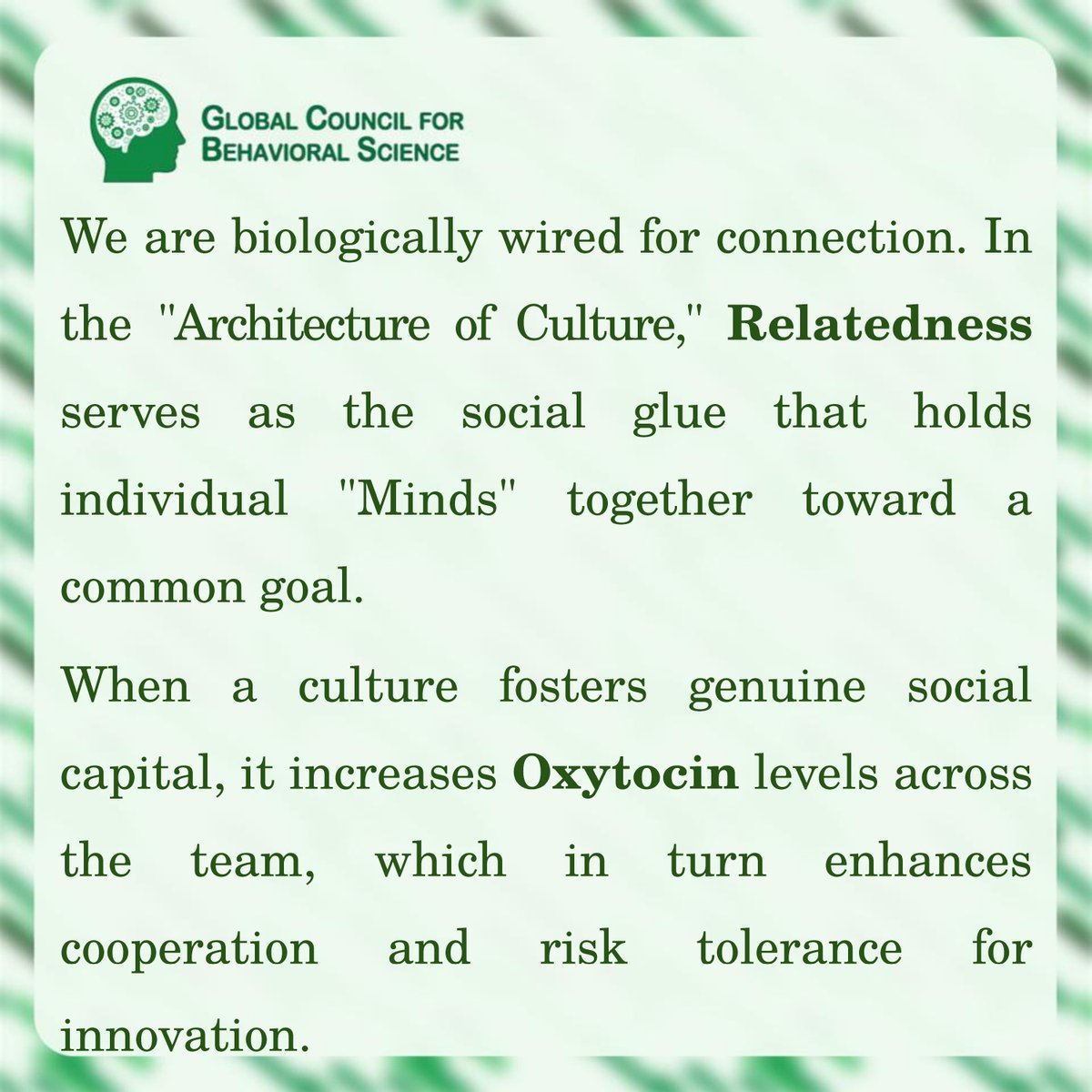 GcbsSocials's tweet image. Relatedness: The Social Glue of Culture.

We are biologically wired for connection. In the "Architecture of Culture," Relatedness serves as the social glue that holds individual "Minds" together toward a common goal.

#SocialCapital #OrganizationalBehavior #GCBS #Neuroscience
