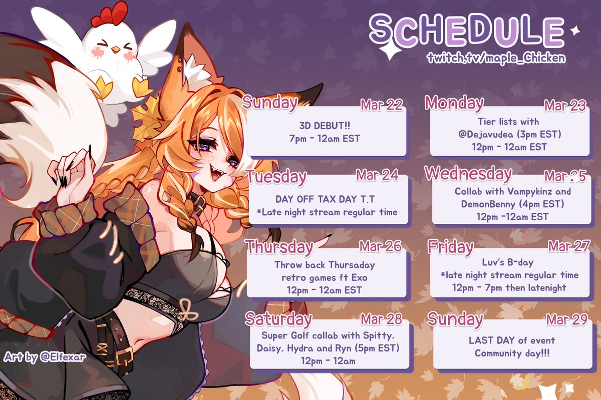 Maple_Chicken's tweet photo. 3D DEBUT WEEK SCHEDULE!!!💕
I have collabs, Maple time, Community time and EVENTS!! Hope to have a great week see you guys there!! 🤎🖤🤎
#vrchaat #3ddebut https://t.co/QI6gxqI6jF