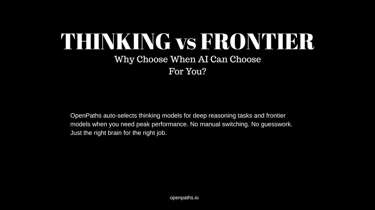 LeeLeepenkman's tweet photo. Stop overpaying for AI. OpenPaths auto-routes your prompts to the right model — thinking, frontier, or fast — so you get peak performance without the guesswork.

Try it free: https://t.co/XFk35iTxjh

#AI #LLM #OpenPaths #AutoRouter #AItools https://t.co/bwTSi2Ckp3
