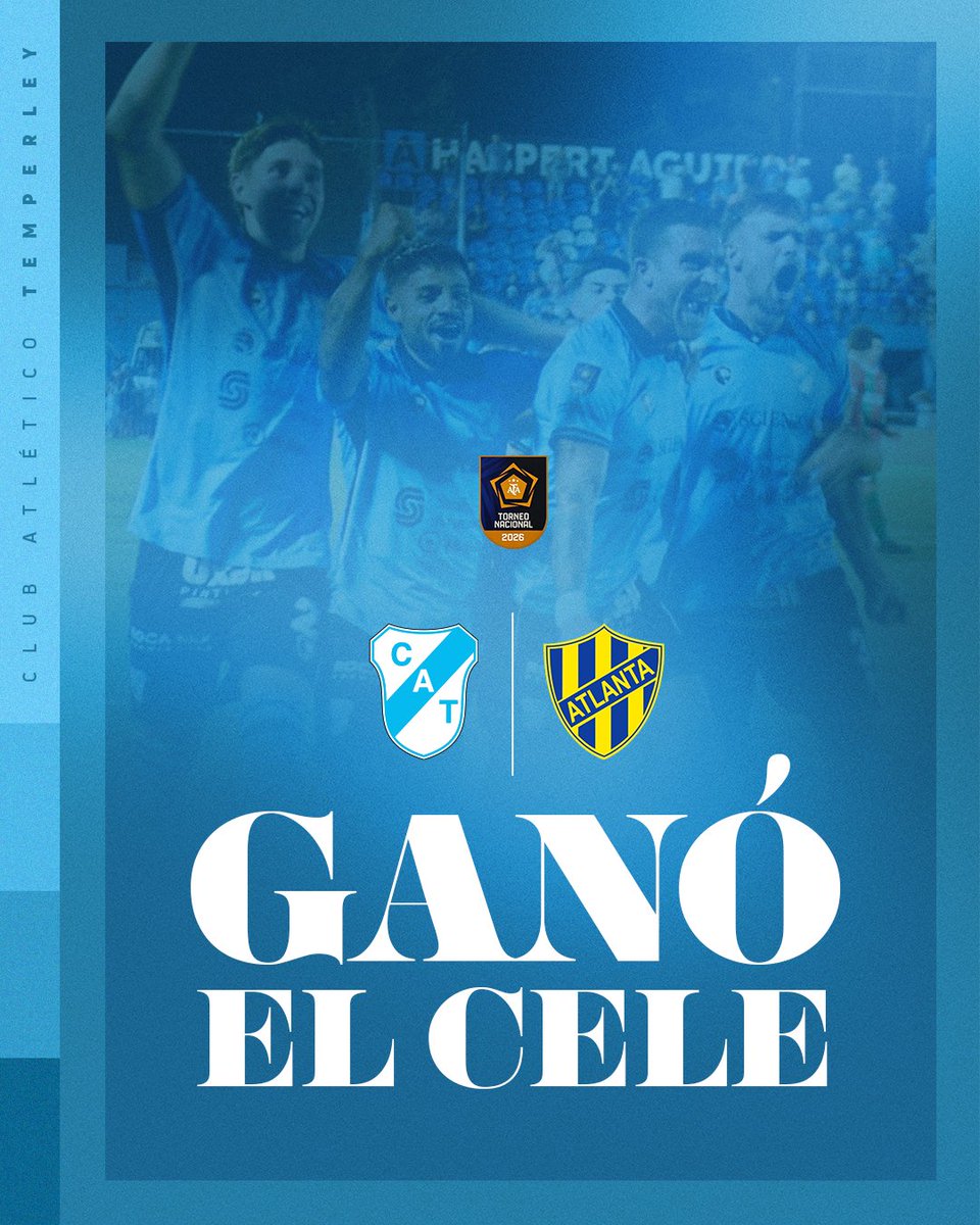 TemperleyOK's tweet photo. #JuegaElCele || ⏱️ GANOOOOOOOOOO TEEEEEEMPERLEYYY 

⛽️ #Temperley le ganó por 2 a 1 a Atlanta. Los goles del Celeste fueron de Tomás Rojas en contra y Gabriel Hauche, y para Atlanta marcó Alejandro Quintana.

🔜 El domingo visitaremos a Los Andes a partir de las 15. https://t.co/cDJqa3jsfa