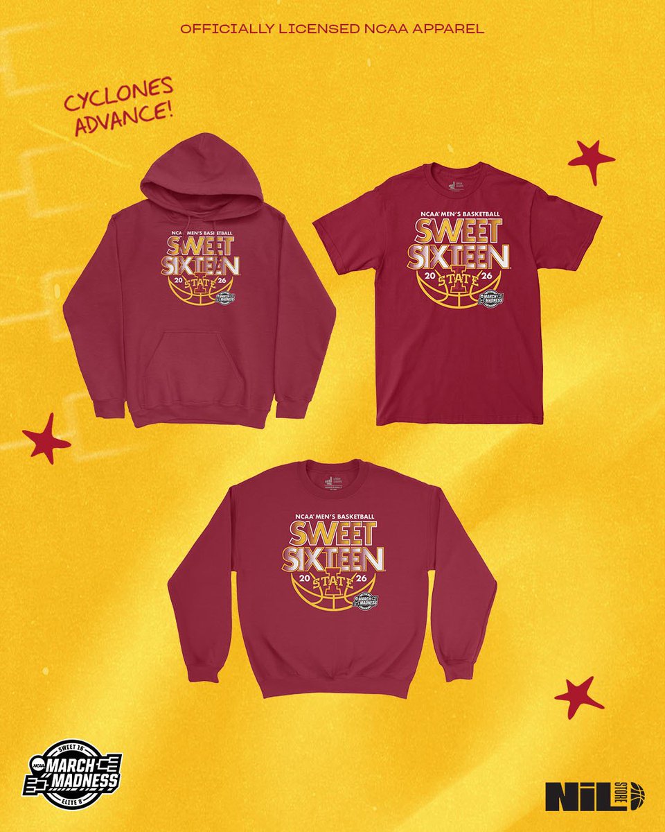 IowaStNILStore's tweet photo. We’re not done yet… Sweet 16 bound ‼️
Rep the run. Sweet 16 gear is HERE 🌪️🌪️ See you in Chicago!
https://t.co/l9sQHg4WB9
#cyclonenation #marchmadness #cyclonebasketball #sweet16 https://t.co/Z2Y9ReBFFv