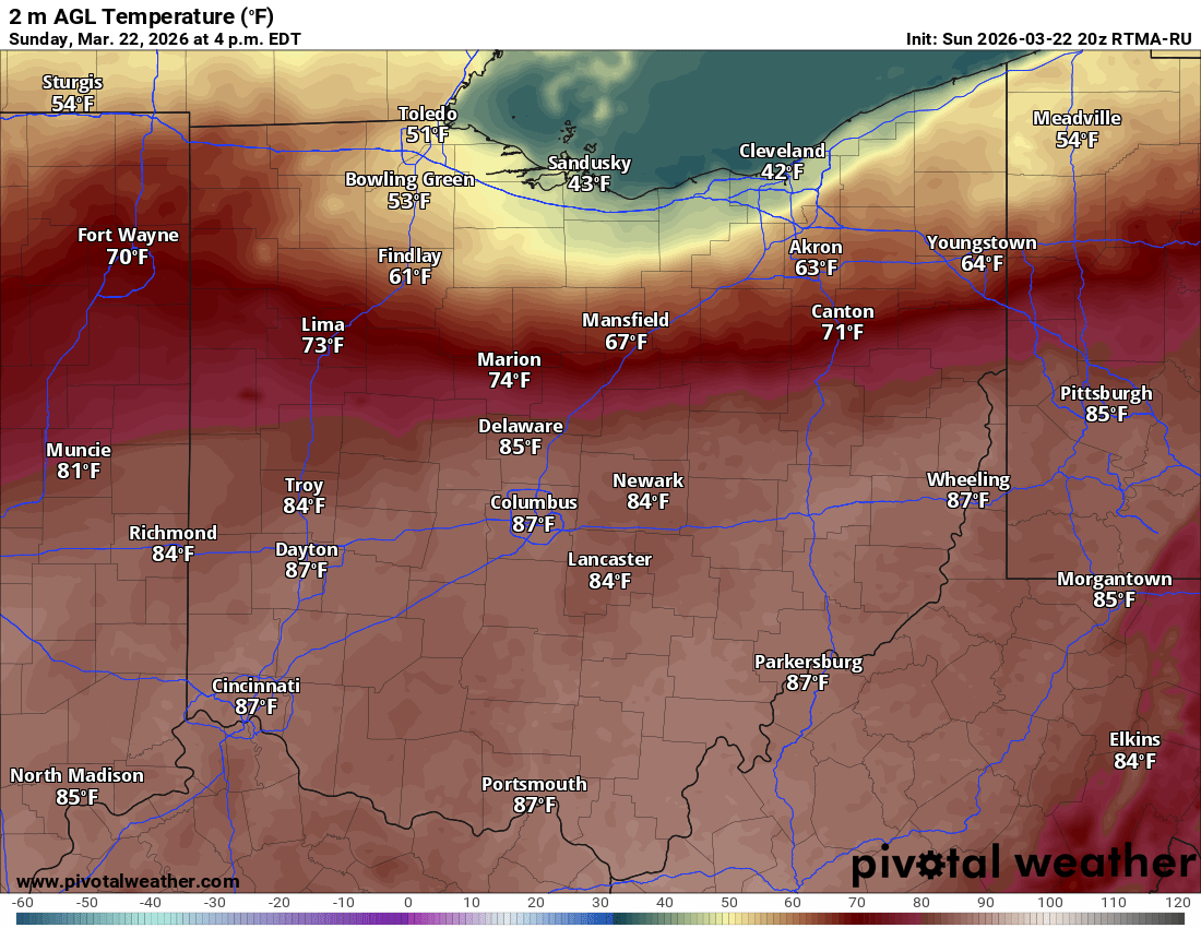 TylerSebreezy's tweet photo. Dear northern Ohio:

The rest of the state is sincerely sorry. What a remarkable temperature difference between areas near Lake Erie and those in central and southern Ohio. #OHwx https://t.co/xsBXV1Ijj7