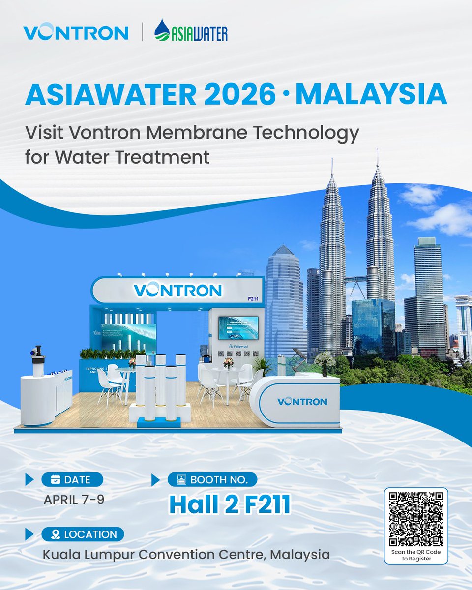 VontronTech's tweet photo. Join Vontron at ASIAWATER 2026 in Kuala Lumpur! Visit Hall 2, Booth F211 from April 7-9 for sustainable water solutions. Looking forward to seeing you there! 🤝
#Vontron #ASIAWATER2026 #WaterSolutions #MembraneTech #CleanWater https://t.co/ZUqcbPvcKW