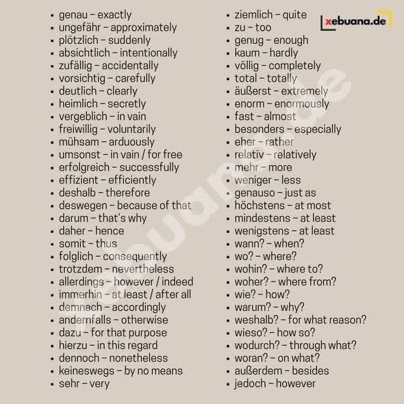 IfrahAyzal's tweet photo. Here is a comprehensive list of German ADVERBS
#deutschlernen #learngerman #learngermanonline #deutschkurs
#germanlanguage #german #deutsch
#germanlearning #studygerman #germancourse #xebuana https://t.co/rtx1tRvXks
