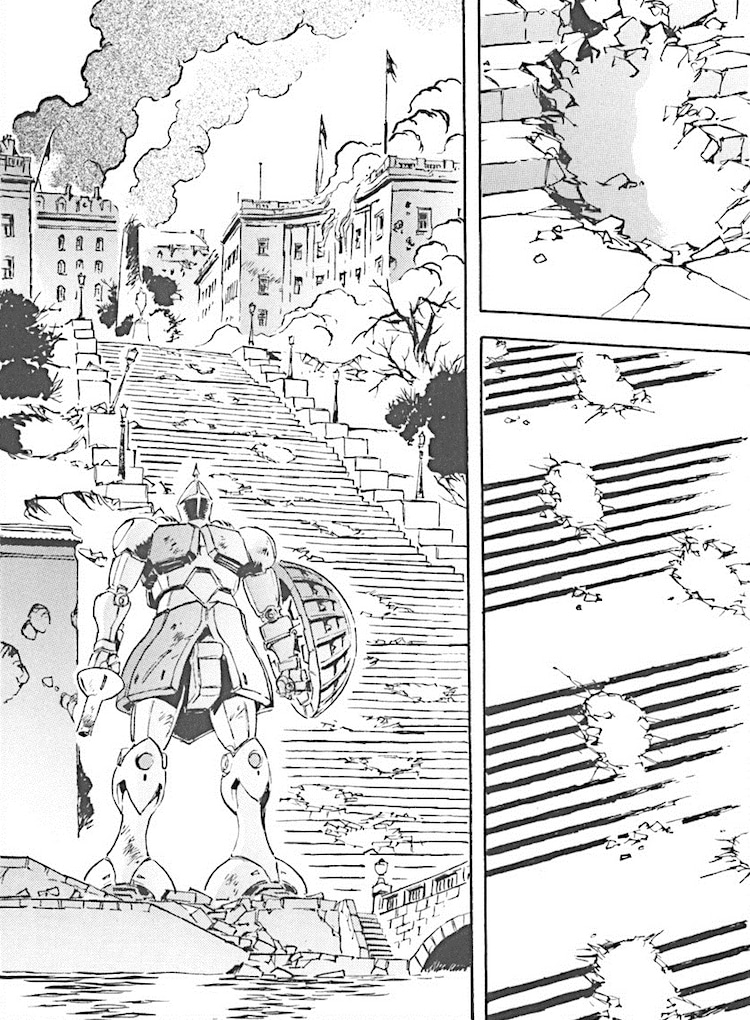 これ系の「ガンダムと実在の景色の組み合わせ」という話だと、ぼかぁ「ジ・オリジン」の、「オデッサ(現・オデーサ)の階段とギャン」を挙げたい。あれは痺れた。>RT 