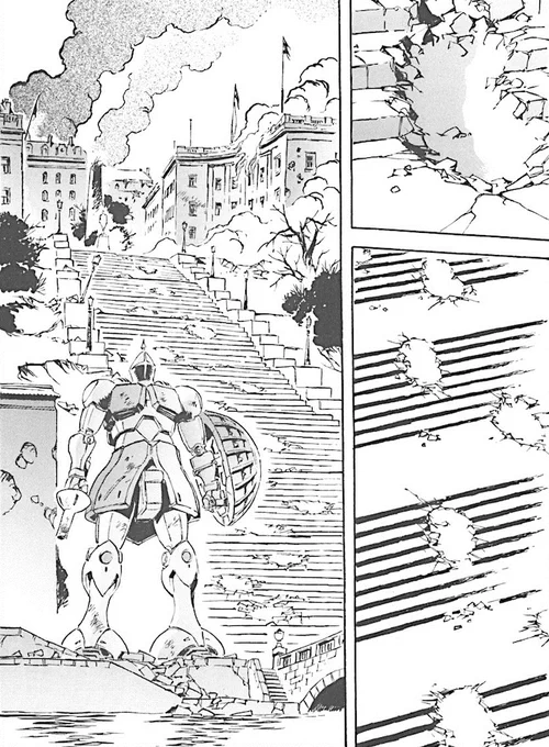 これ系の「ガンダムと実在の景色の組み合わせ」という話だと、ぼかぁ「ジ・オリジン」の、「オデッサ(現・オデーサ)の階段とギャン」を挙げたい。あれは痺れた。>RT 